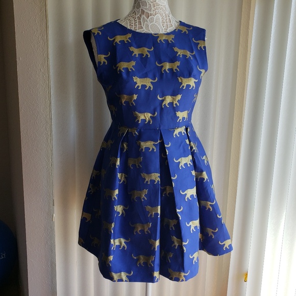 none Dresses & Skirts - Blue and Gold Embroidered Cat Dress